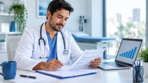 Médico analisando contracheques e gráfico no notebook em consultório