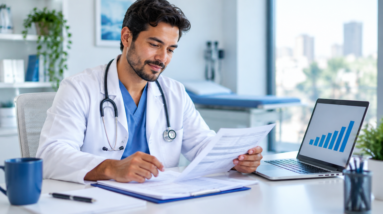 Médico analisando contracheques e gráfico no notebook em consultório